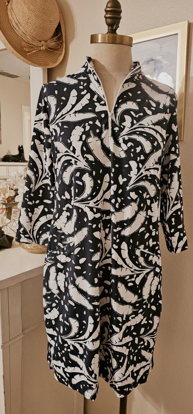 Katherine Way Dress Womens Size Lg Shift Jersey Pockets Zipper Front Floral